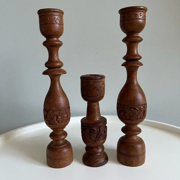 Vintage Set of 3 Hand Carved Wooden Candlesticks Boho Home Decor India - Picture 5 of 9